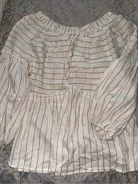 Striped Off-Shoulder Peasant Blouse in Cream and Rust